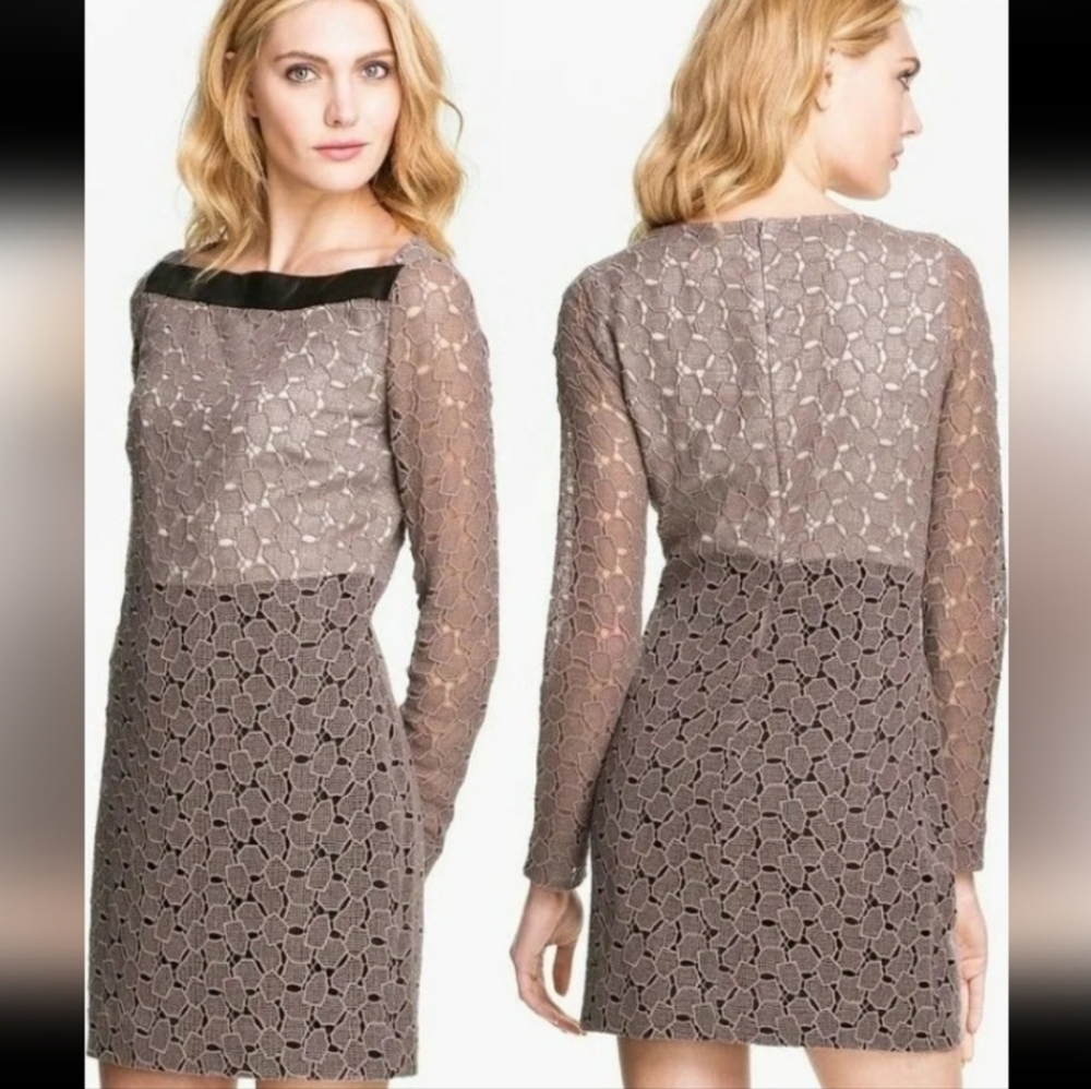 Diane von Furstenburg Sarita pebbled lace dress taupe / black leather women 12 - Picture 2 of 14